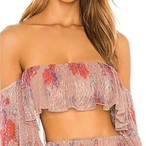 Michael Costello x Revolve Pink and Orange Smocked Ruffled Crop Boho Top